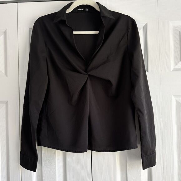 Shein Blouse Womens Size Small Black Long Sleeve Twist Front - Picture 1 of 8